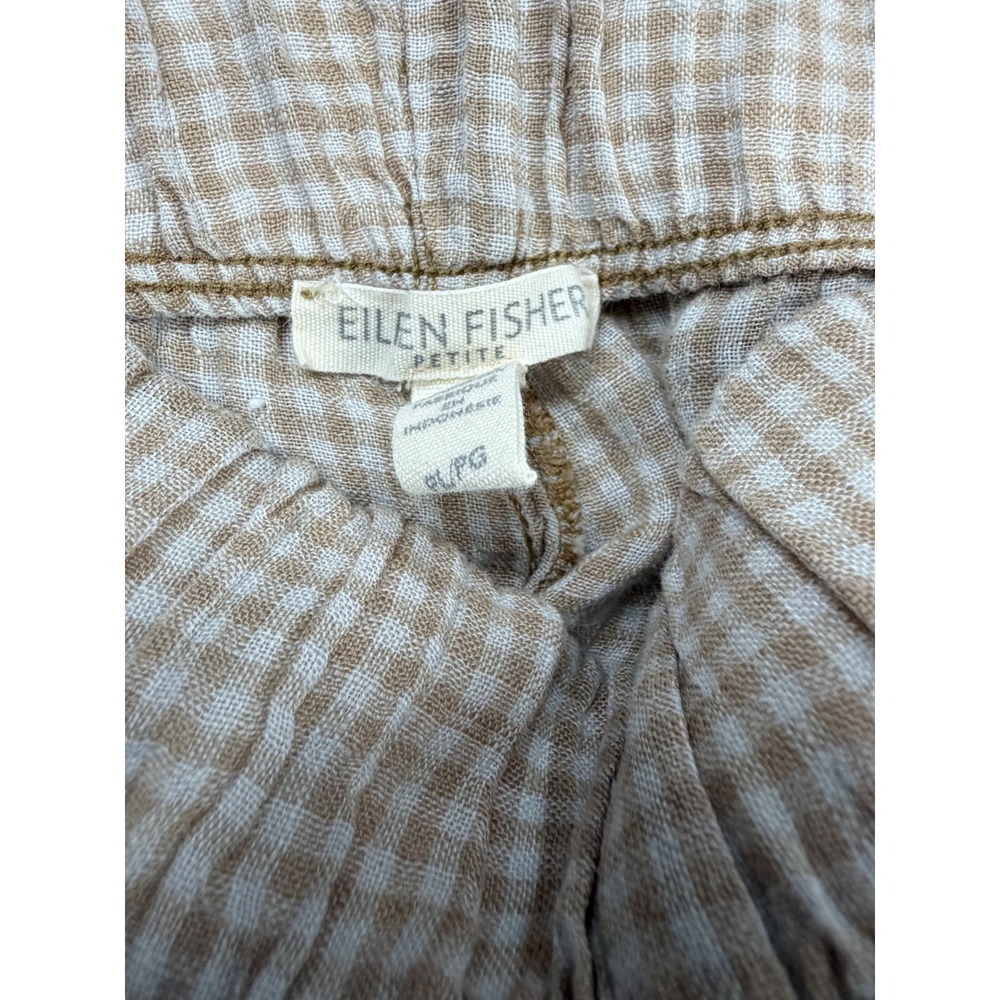 Eileen Fisher Petite Organic Linen Gingham Check Tapered Pants Tan White PL - Picture 2 of 6